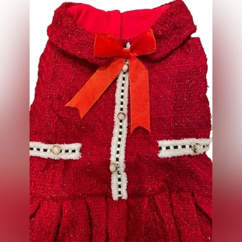 New ADNIKIA Dog/Cat Red Dress with Ribbon Bow, buttons Ruffle Christmas